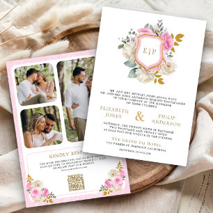 Invitation Armoiries de mariage avec code QR floral rose past
