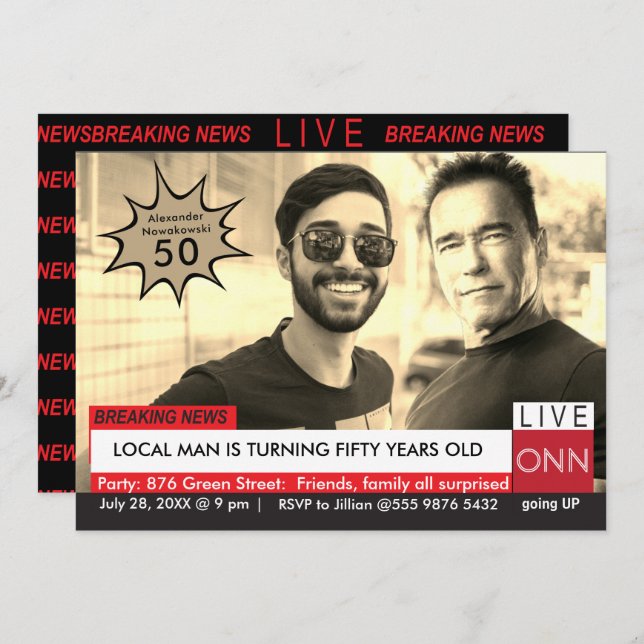 Invitation Arnold Schwarzenegger Funny TV News 50e anniversai (Devant / Derrière)