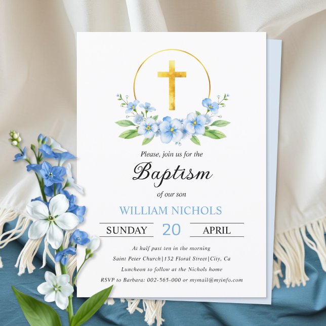 Invitation Arrangement floral bleu, croix d'or baptême garçon (Créateur téléchargé)