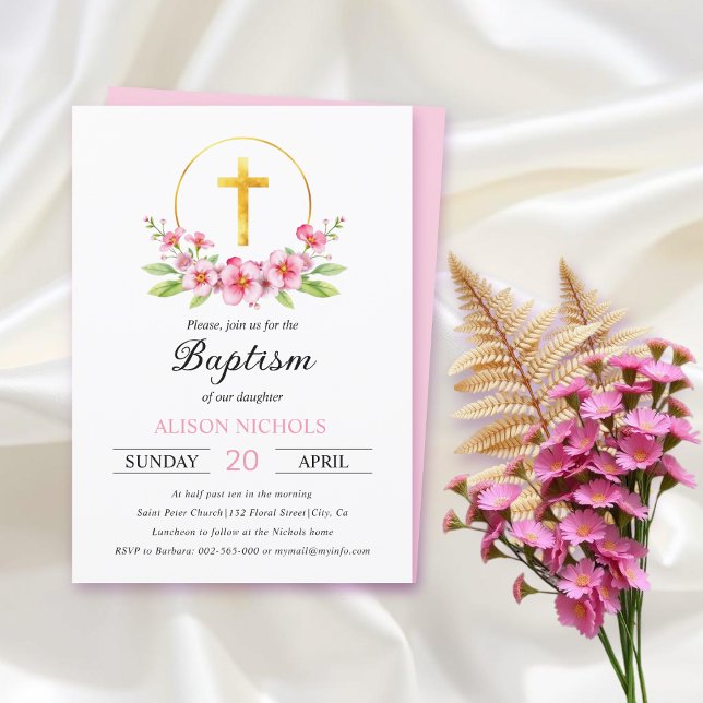 Invitation Arrangement floral rose, croix d'or baptême fille (Créateur téléchargé)