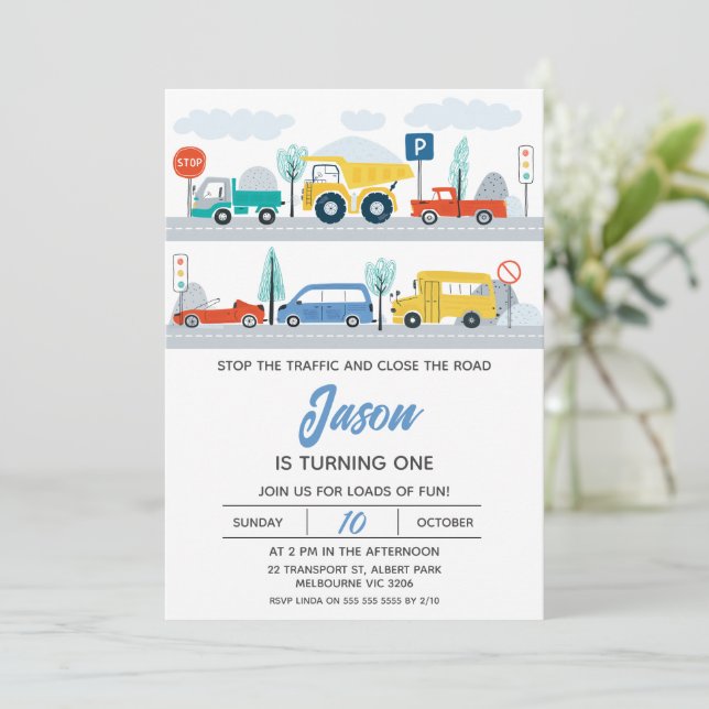 Invitation Arrêter Le Trafic Coloré Transport 1er Anniversair (Debout devant)