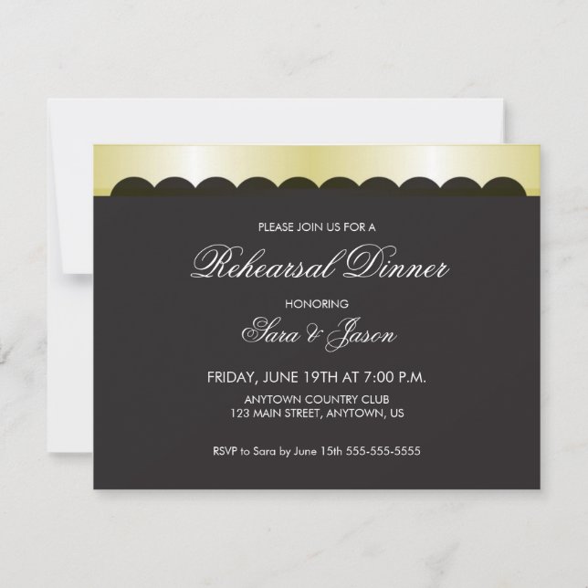 Invitation Arrière - plan noir avec ruban d'or Dîner de répét (Devant)