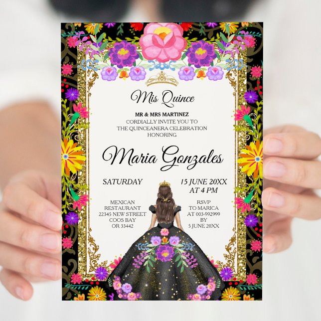 Invitation Arrière - plan noire Mexicaine fille Quinceanera 2 (Créateur téléchargé)