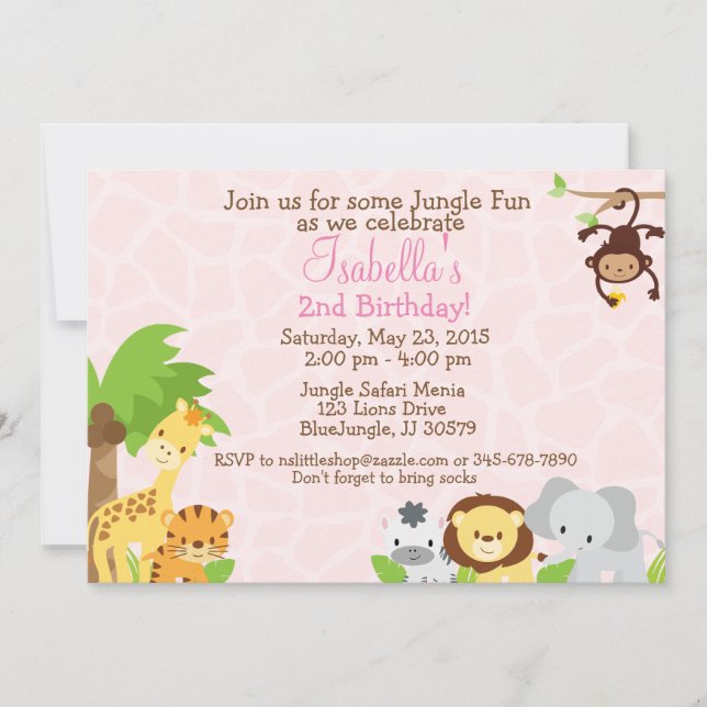 Invitation Arrière - plan rose de la fête de la Jungle (Devant)