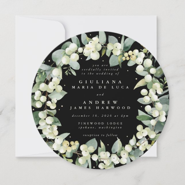 Invitation Arrondi Black Snowberry + Eucalyptus Wreath Mariag (Devant)