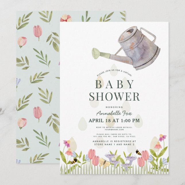 Invitation Arrosage Can Jardin Floral Baby shower virtuel (Devant / Derrière)