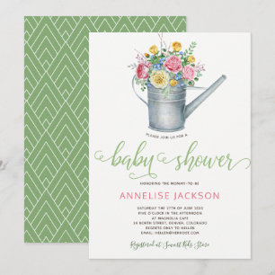 Invitation Arrosage peut sauge baby shower floral rose vif