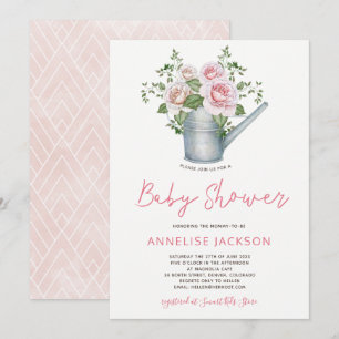 Invitation Arrosoir roses roses blush bébé fille douche