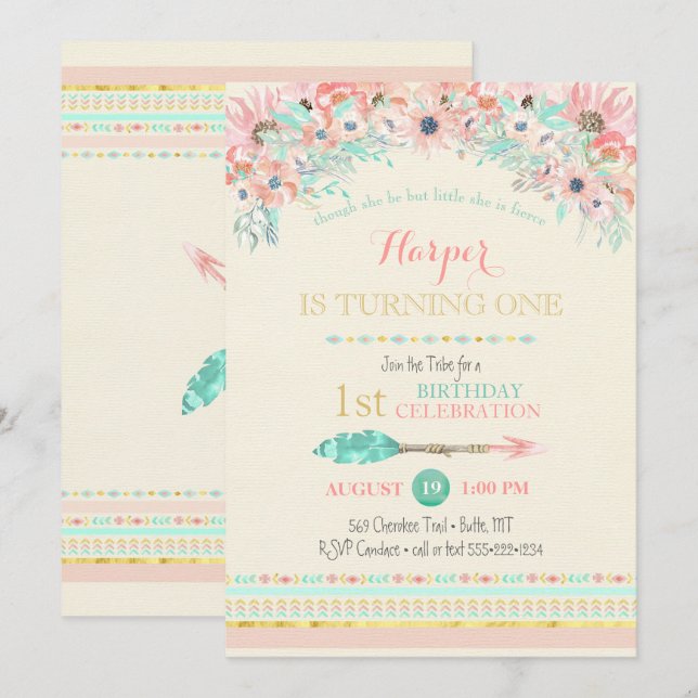 Invitation Arrow de pinte de la tribu Boho Floral Aquarelles (Devant / Derrière)