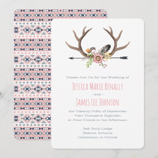 Invitation Arrow Tribal et Antlers rose (Devant / Derrière)