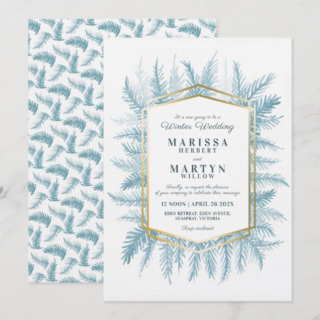 Invitation Art à feuillage persistant d'hiver bleu mariage re (Devant / Derrière)