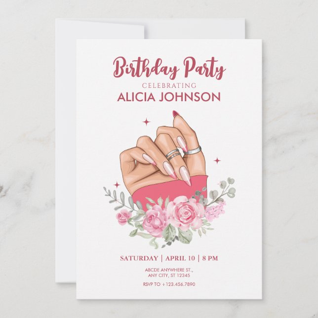 Invitation Art à ongles fantaisie floral Anniversaire Fête In (Devant)