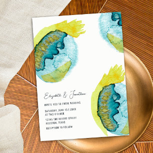 Invitation Art Abstrait Aquarelle Jaune Bleu Mariage Unique