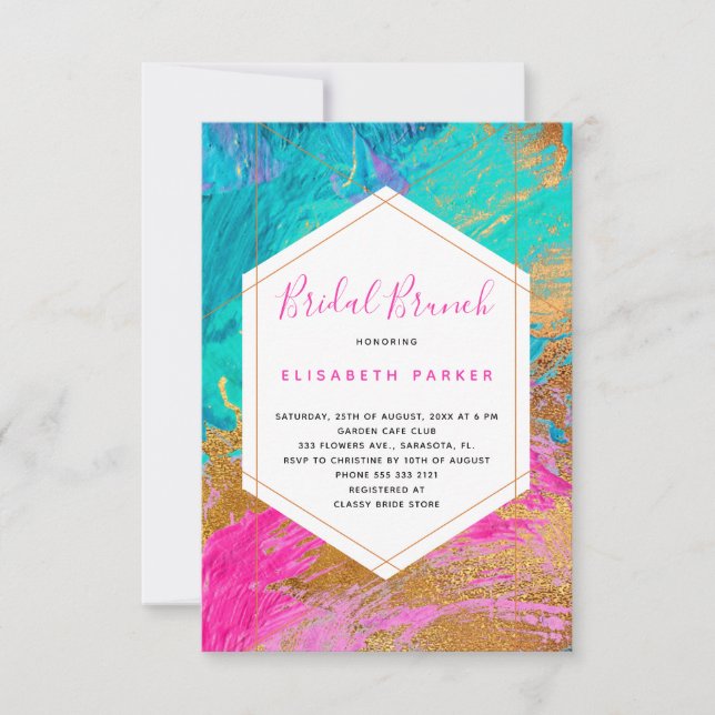 Invitation Art abstrait moderne rose turquoise or nuptiale do (Devant)
