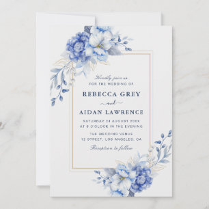 Invitation Art aquarelle à bordure dorée et fleurs bleues pou