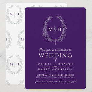 Invitation Art de la ligne ovale feuille mariage argent viole