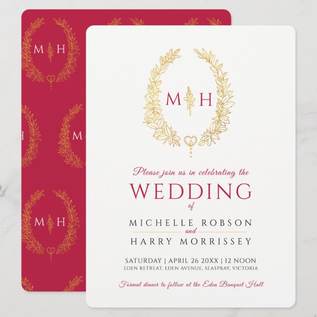 Invitation Art de ligne ovale feuille mariage noir rouge or s (Devant / Derrière)