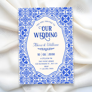 Invitation art de mariage à motif de carreaux bleus