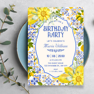 Invitation art de motif de carrelage de citron bleu anniversa