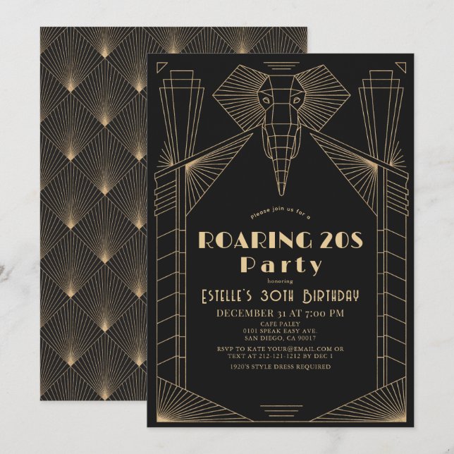 Invitation Art déco 1920's Elephant Roaring 20's Anniversaire (Devant / Derrière)