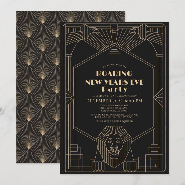 Invitation Art Déco 1920's Gatsby Lion New Years Eve Party (Devant / Derrière)