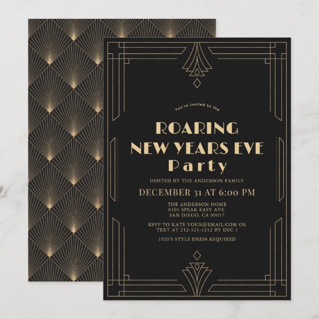 Invitation Art Déco 1920's Gatsby New Years Eve Party (Devant / Derrière)