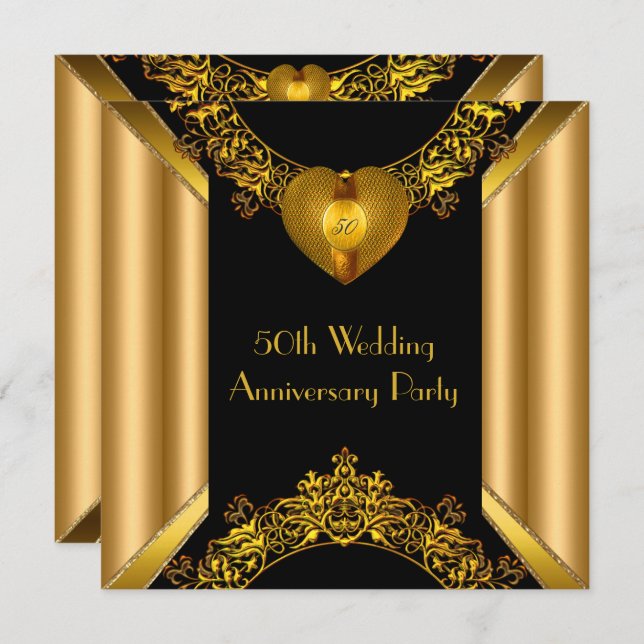 Invitation Art Déco 50e Anniversaire Cœur Doré Or 2 (Devant / Derrière)