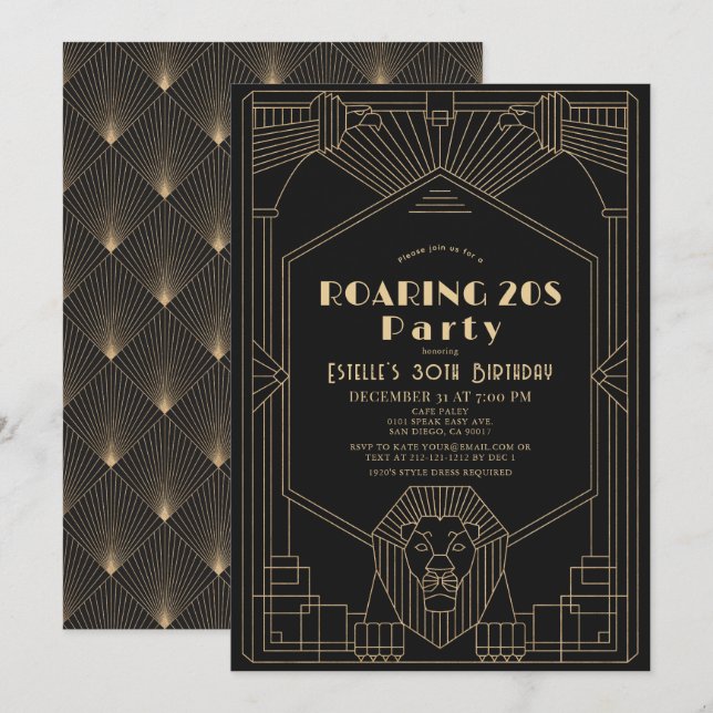Invitation Art déco années 1920 Gatsby Lion Roaring 20's Anni (Devant / Derrière)