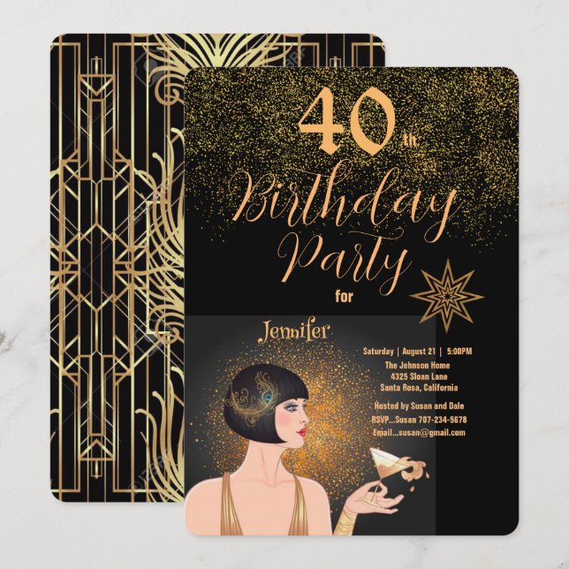 Invitation Art Déco Black & Gold 40e anniversaire (Devant / Derrière)