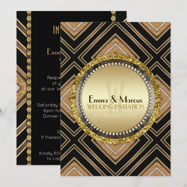 Invitation Art Déco Black Gold Geometry Mariage événement spé (Devant / Derrière)