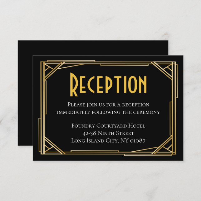Invitation Art Déco Black Gold Mariage Réception Great Gatsby (Devant / Derrière)