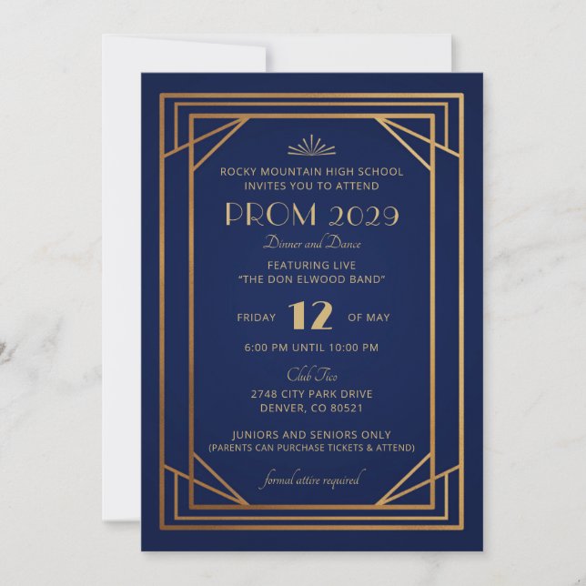 Invitation Art déco bleu marine et or (Devant)