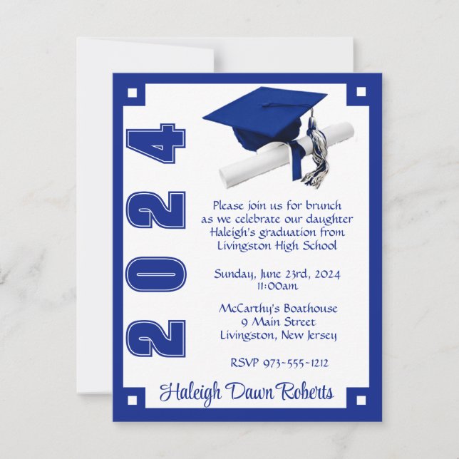 Invitation Art Déco Bleu Royal et Blanc de Remise de Diplômes (Devant)