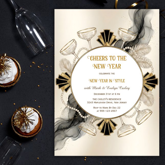 Invitation Art Deco Champagne & Pearls Cheers to the New Year (Cheers to the New Year – Art Deco Champagne & Pearl Wreath, Black & Gold, Personalized)