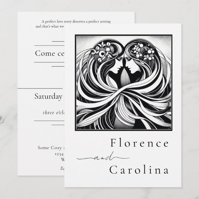 Invitation Art déco classique moderne Mariage noir & blanc (Devant / Derrière)