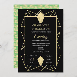 Invitation Art Déco Classy Green Gold Mariage