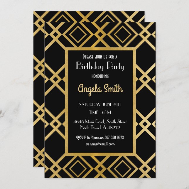 Invitation Art déco de la fête d'anniversaire Gold (Devant / Derrière)
