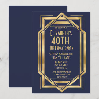 Invitation Art Déco des années 20 Bleu marine | Or 40ème