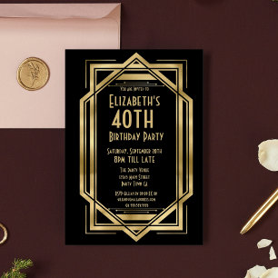 Invitation Art Déco des Années Folles Noir Or 40e Anniversa