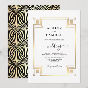 Invitation Art Déco Élégant Cadre Doré Mariage Blanc