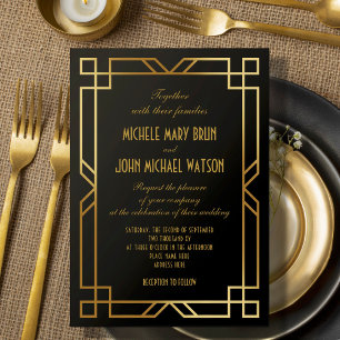 Invitation Art Déco Elegant Classic Gold Frame Black Mariage