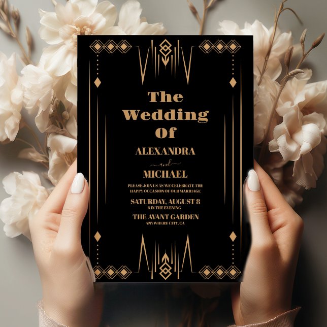 Invitation Art Déco Elegant Classic Gold Frame Black Mariage (Créateur téléchargé)