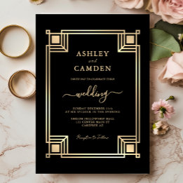 Invitation Art Deco Elegant Gold Frame Black Wedding