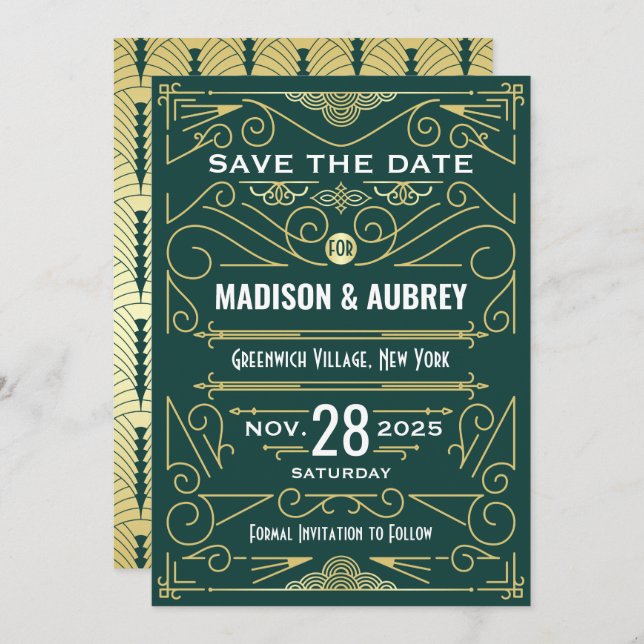 Invitation Art Déco Enregistrer la date Mariage Elegant Gold  (Devant / Derrière)