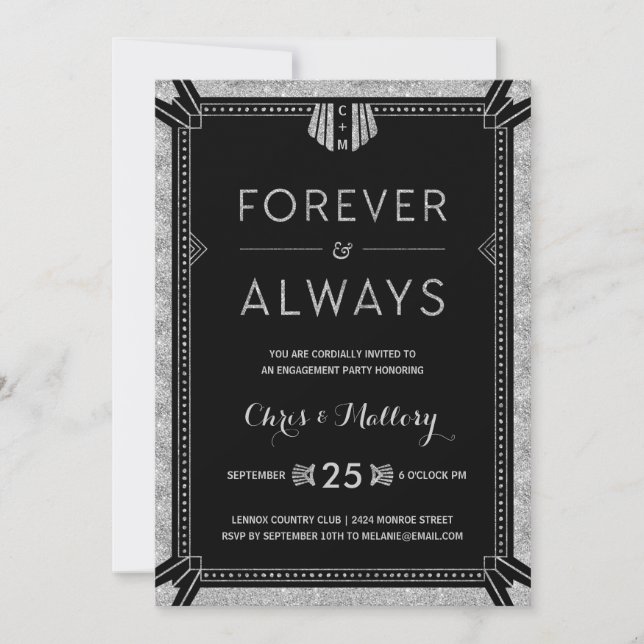 Invitation Art déco | Fête de l'engagement en argent (Devant)