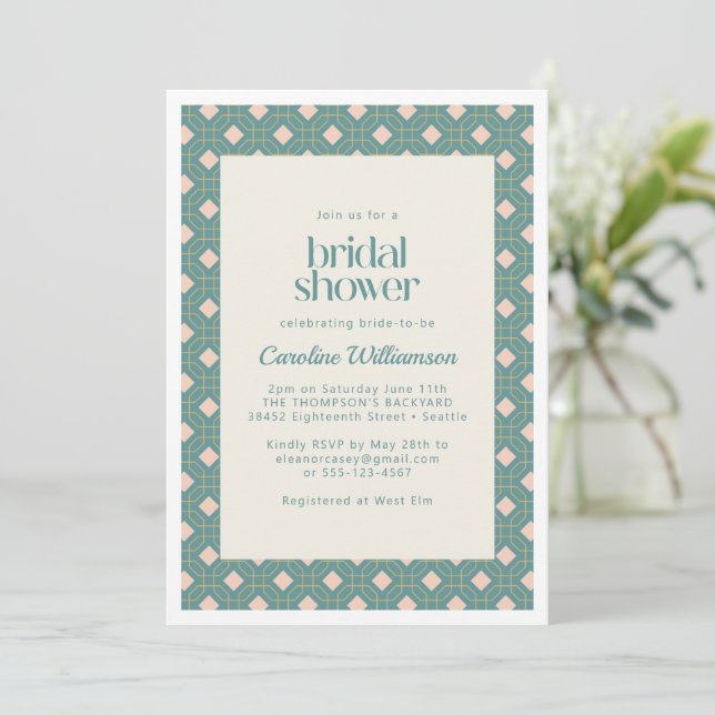 Invitation Art Déco Fête des mariées géométrique Turquoise et (Debout devant)