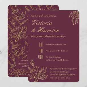 Invitation Art Déco Filigrane d'Or Mariage Merlot Fairy Wre