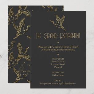 Invitation Art Déco filigrane or   Grue Retraite