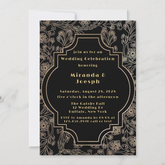 Invitation Art Déco Gatsby Black Gold Flower Mariage moderne (Devant)
