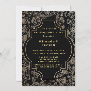Invitation Art Déco Gatsby Black Gold Flower Mariage moderne